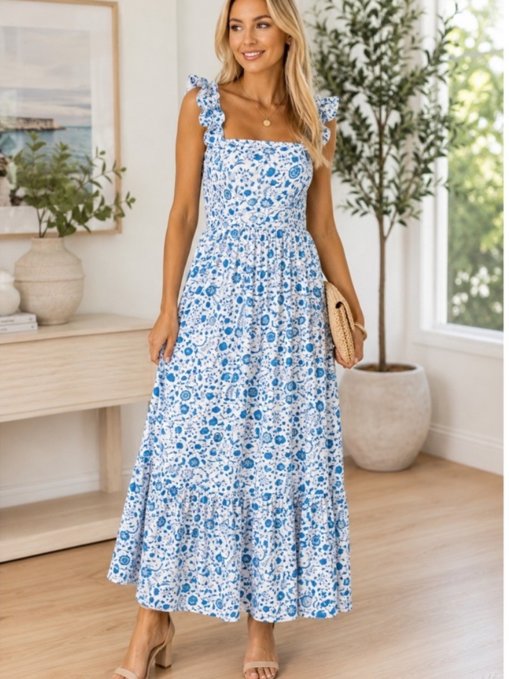 Draper James Blue White Smocked Tiered Midi Dress
